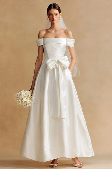 Off The Shoulder White A-Line Wedding Dress With Bow
